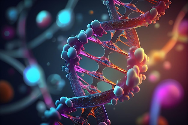 A close up of a dna strand with a purple background