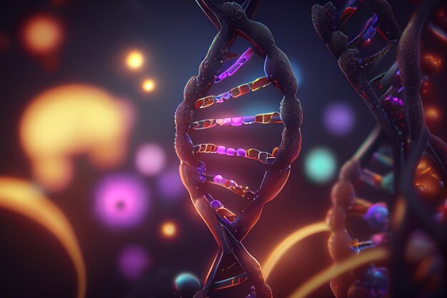 A close up of a dna strand with purple and yellow lights