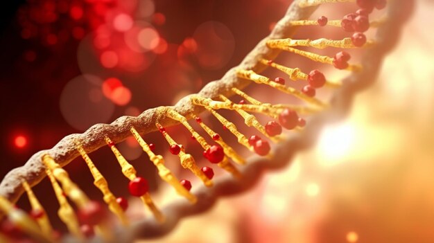 A close up of a dna strand with red berries on it