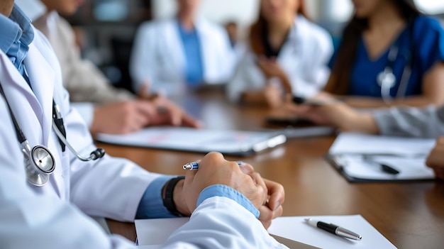 close up of doctors hands during a meeting at the table in a hospital