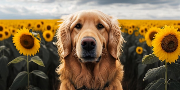 Close up of dog in field sunflowers generative ai