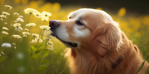 Close up of dog in field with flowers generative ai