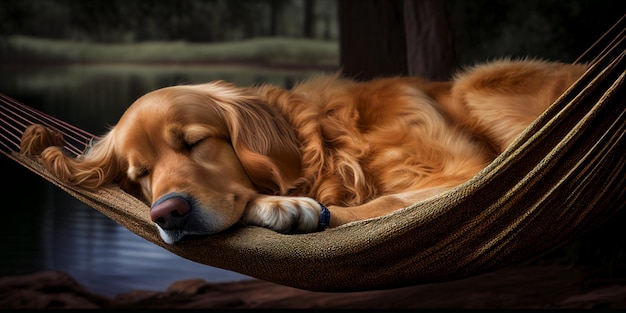 Close up of dog laying in hammock with its head resting generative ai