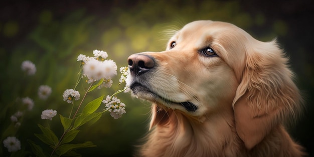 Close up of dog looking at flower in field generative ai