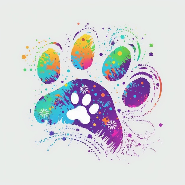 a close up of a dog paw print with colorful splats generative ai