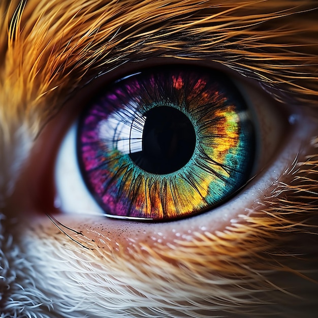 a close up of a dog's eye with a rainbow colored iris.