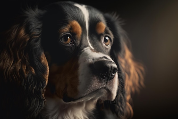 A close up of a dog's face with a black background