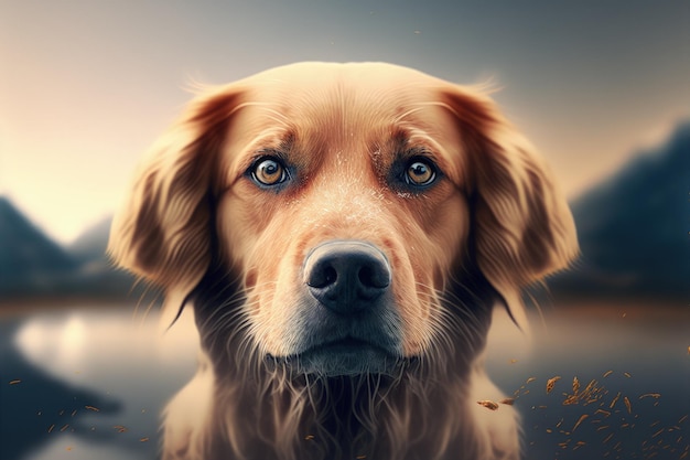 A close up of a dog's face with mountains in the background generative AI