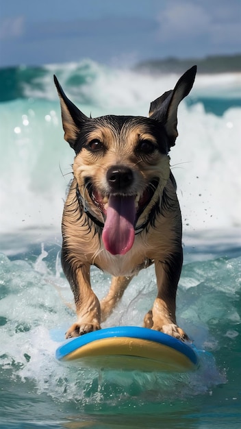 Close up on dog surfing