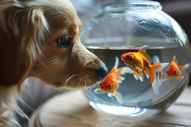 Photo close up of dog watching goldfish in fish bowl