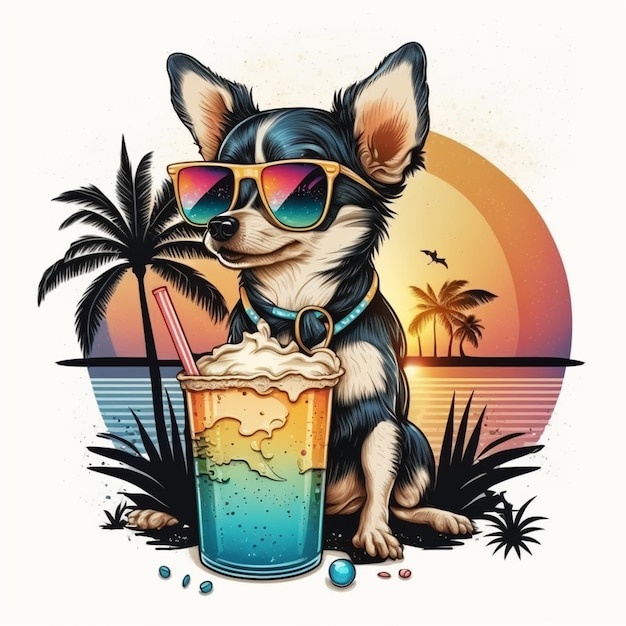 A close up of a dog wearing sunglasses and drinking a drink generative ai