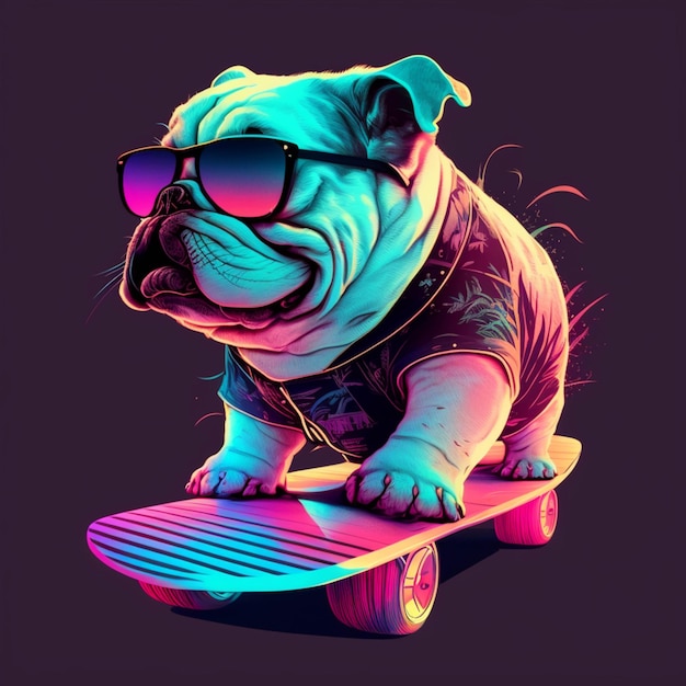 A close up of a dog wearing sunglasses riding a skateboard generative ai