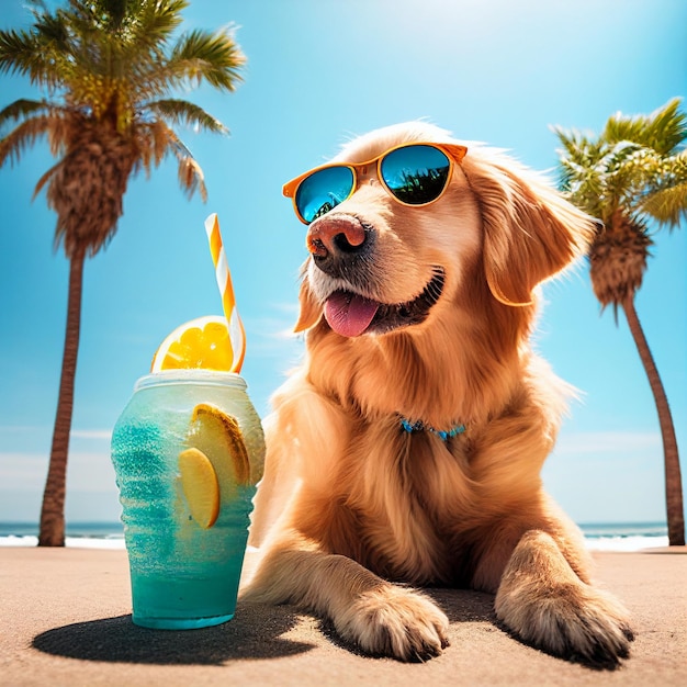 Close up of dog wearing sunglasses and with drink in front palm tree generative ai