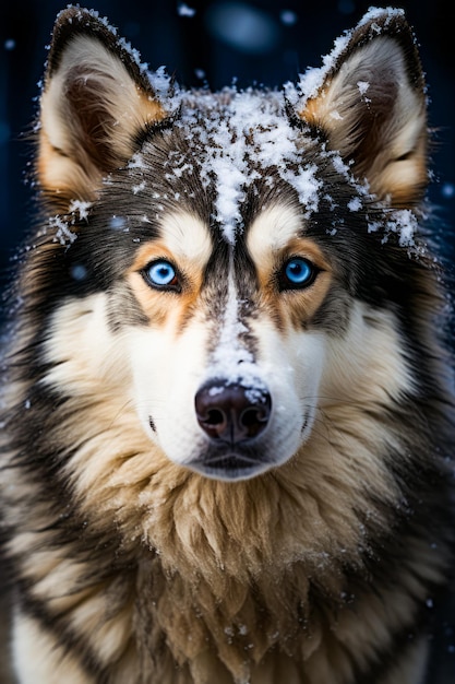 Close up of dog with blue eyes in the snow Generative AI