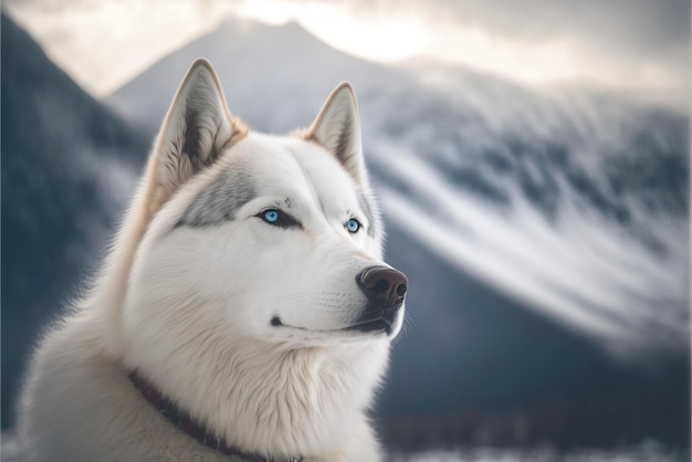 Close up of a dog with a mountain in the background