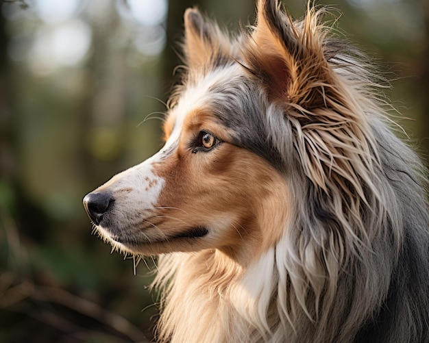 a close up of a dog in the woods