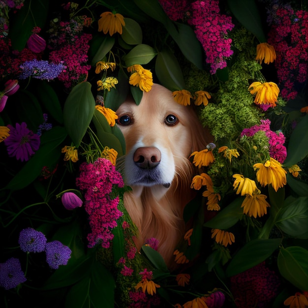 Close up of dog in wreath flowers generative ai