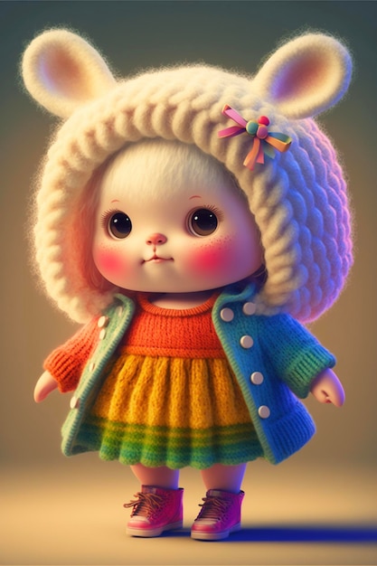 Close up of a doll wearing a knitted hat generative ai