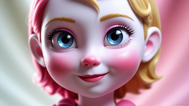 a close up of a doll with pink hair and pink eyes