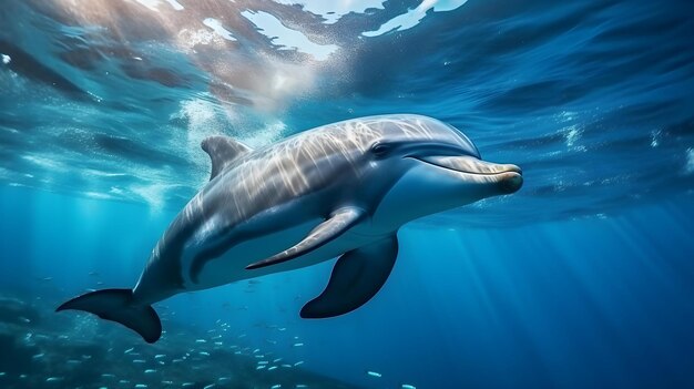 Close up of a Dolphin swimming in the clear Ocean Natural Background with beautiful Lighting