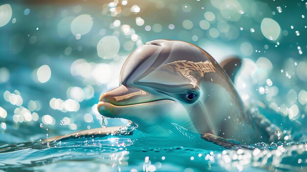 Photo close up of a dolphins head breaking the surface of the water