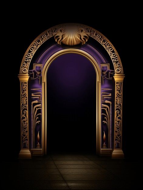 A close up of a doorway with a purple and gold design generative ai