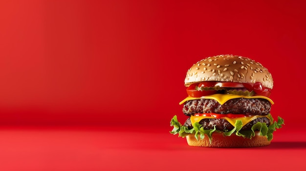 Close up of a double cheeseburger against a red background