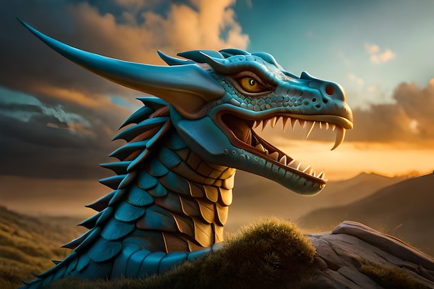 Close up of a dragon against a cloudy sky background