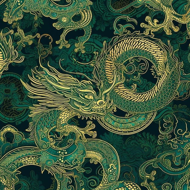 A close up of a dragon and a dragon on a green background generative ai