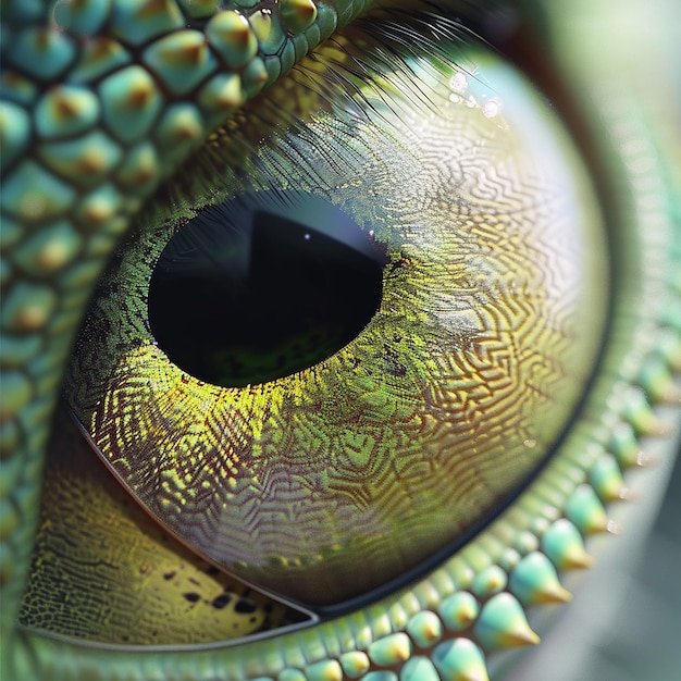 a close up of a dragon eye with a black dot on its eye