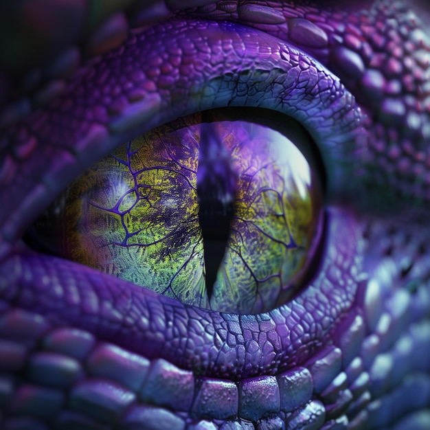 Close up of a dragon eye with a centered pupil ultra detailed in purple blue and green neon