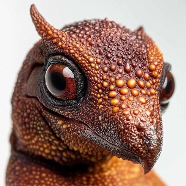 a close up of a dragon head with a red eye and brown spots