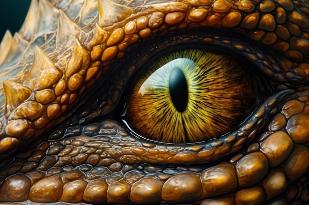 Close up of dragon's eye with yellow and green colors Generative AI