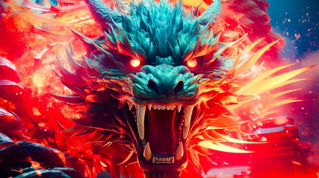 Close up of dragon's head with bright lights on it Generative AI