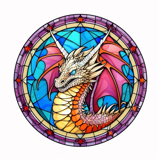 A close up of a dragon in a stained glass window generative ai