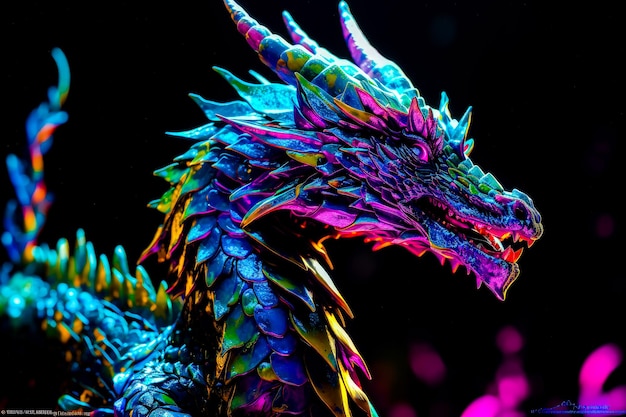 Close up of dragon statue on black background with colorful lights Generative AI