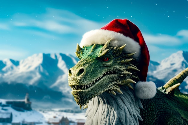 Close up of dragon wearing santa hat with mountains in the background Generative AI