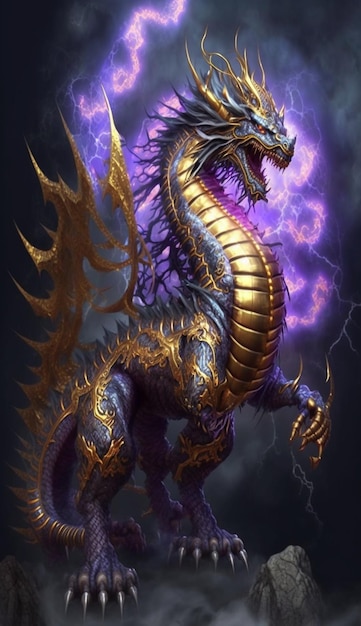 Close up of dragon with lightning bolt in the background generative ai