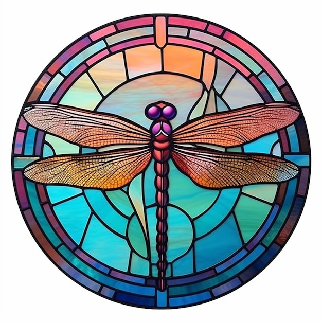 A close up of a dragonfly on a stained glass window generative ai