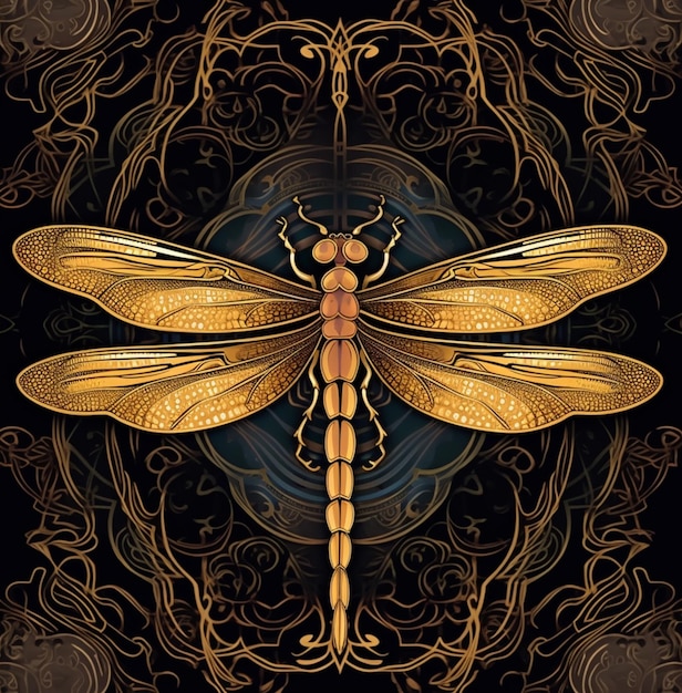 A close up of a dragonfly with ornate designs on a black background generative ai