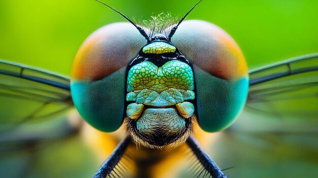 A close up of a dragonfly39s face with a green background