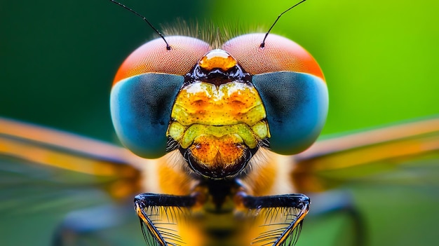 A close up of a dragonfly39s face with a green background