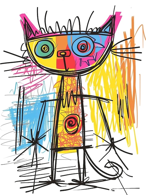 A close up of a drawing of a cat with a tie on Coloring page for kids