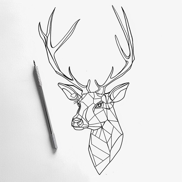 a close up of a drawing of a deer head with a pen generative ai