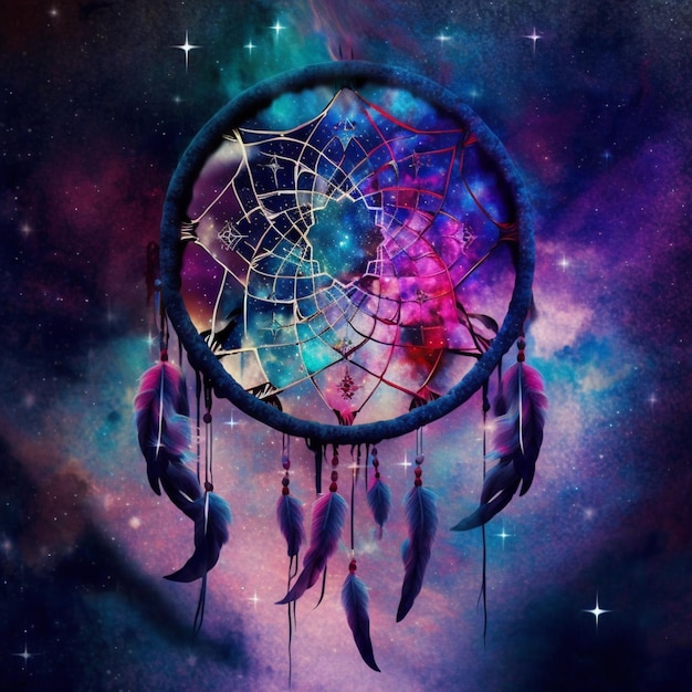 A close up of a dream catcher with a galaxy background generative ai