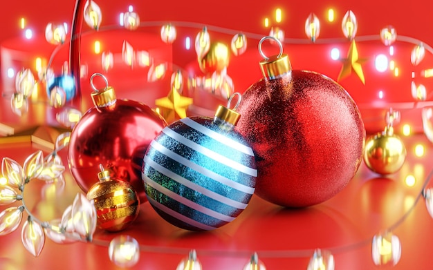 Close Up Dreamy Christmas Ball Red Blue Gold Christmas Lights Bokeh 3D Render