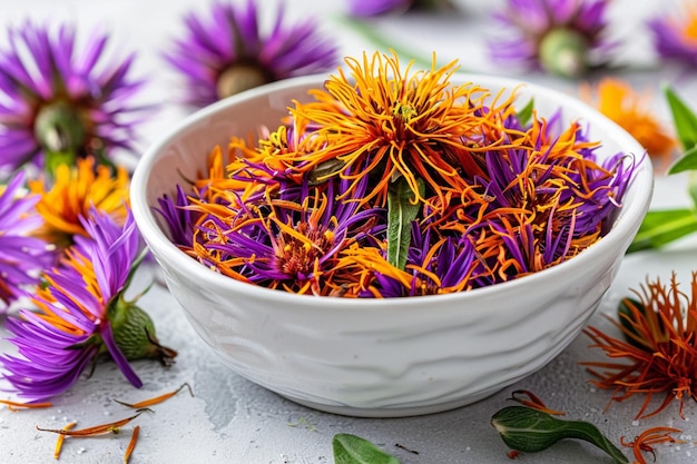 Photo close up on dried safflower in white bowl