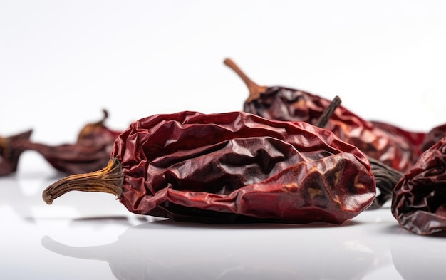 A close up dried smoked chili peppers on a white background ai generated