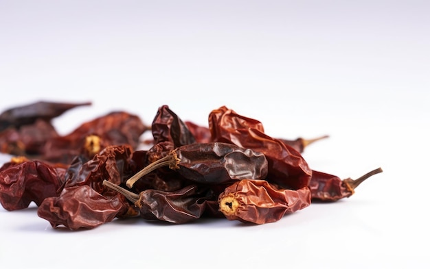 A close up dried smoked chili peppers on a white background ai generated