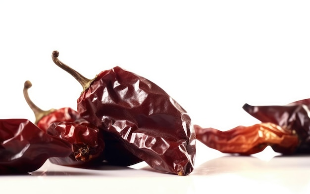 A close up dried smoked chili peppers on a white background ai generated